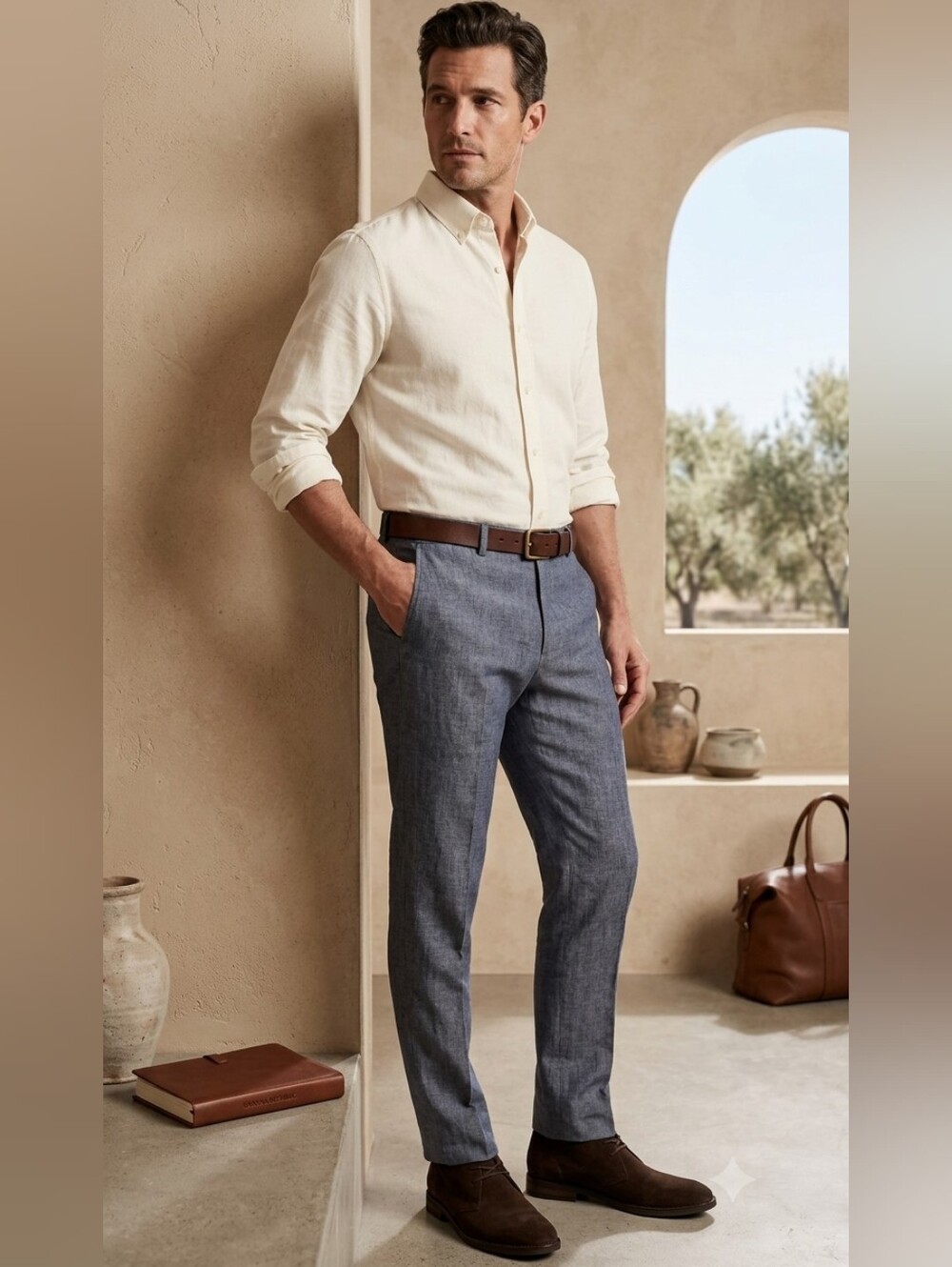 Banana Republic Modern Slim Fit 100% Linen Dress Pants Blue Gray Mens 32x32